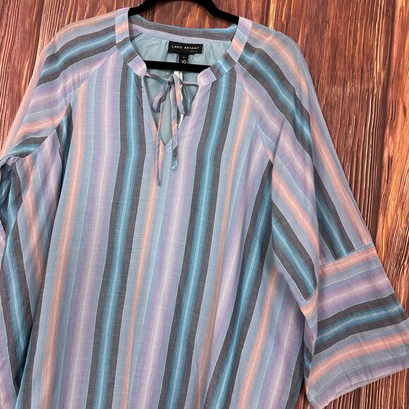 Lane Bryant Stripe Multicolor Top Beachy Tie Neck Womens Plus Size 14 - Picture 2 of 6